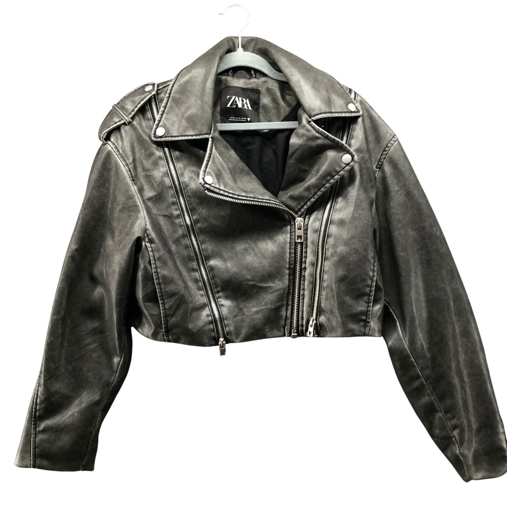 Zara Faux Leather Biker Jacket Womens M Gray Distressed Oversized Cropped